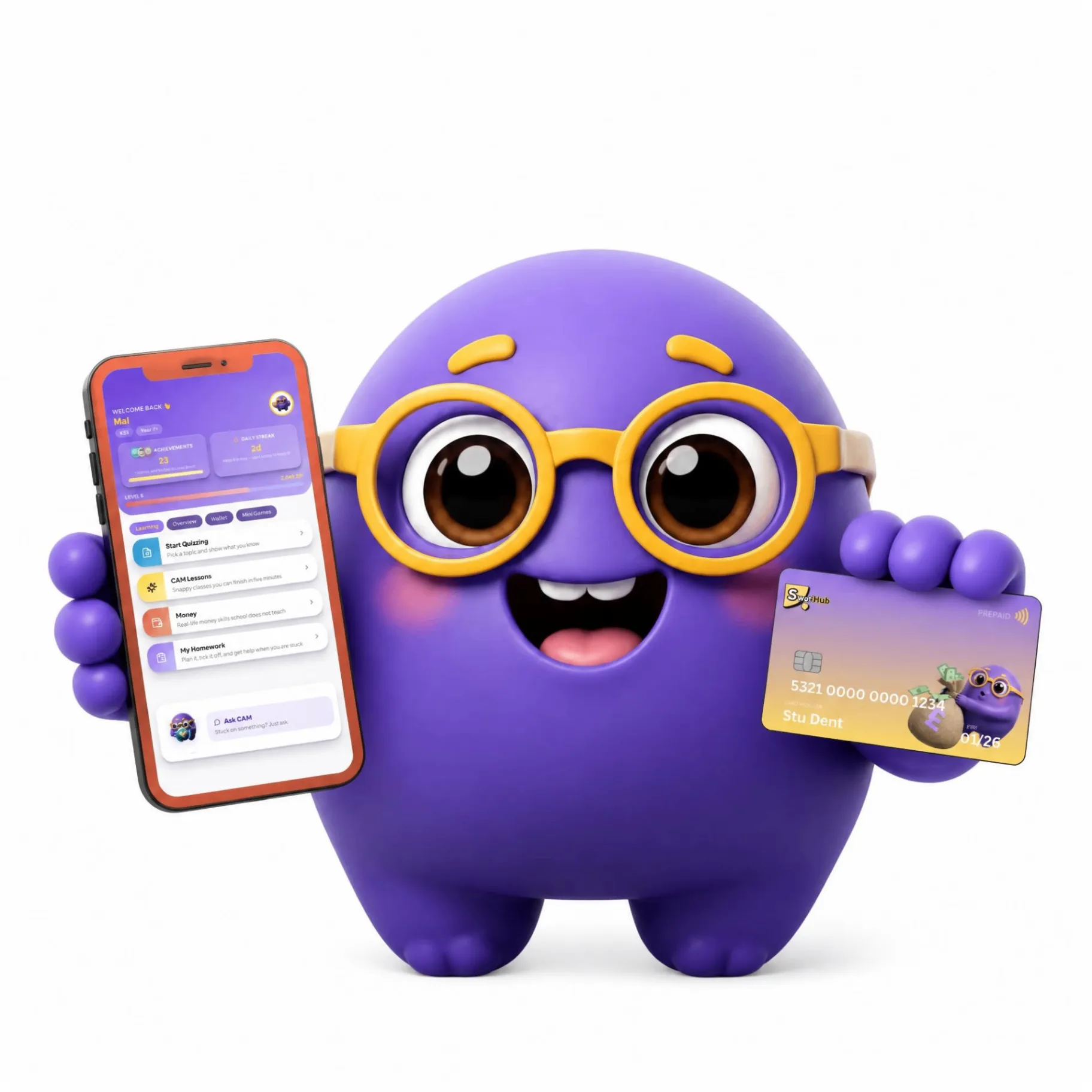 CAM holding a phone with the SwotHub app dashboard and a prepaid card